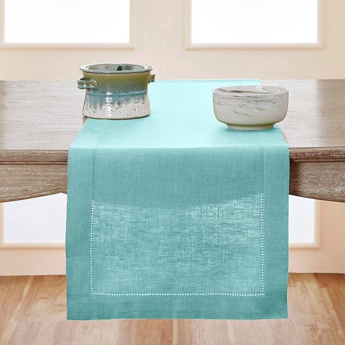 Solino Home Linen Aqua Blue Table Runner 156 Inches Long - 100% Pure Linen Extra Long Table Runner 14 x 156 Inch for Summer - Classic Hemstitch