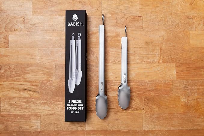 Babish 2-Piece Locking Kitchen Tongs Set – 12” & 9” Stainless Steel Cooking Tongs with Non-Slip Grip – Heavy-Duty BBQ, Grilling & Serving Tools