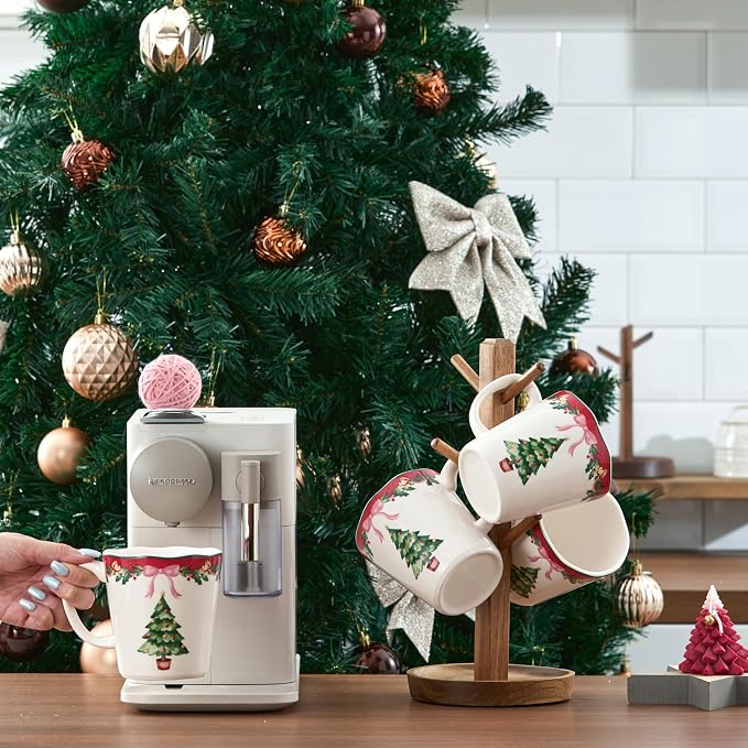 Bico Ribbon Christmas Scalloped Ceramic Mug Set of 4, Christmas Coffee Mugs, 15oz Holiday Cups for Tea, Cocoa, or Hot Drinks, Microwave & Dishwasher Safe
