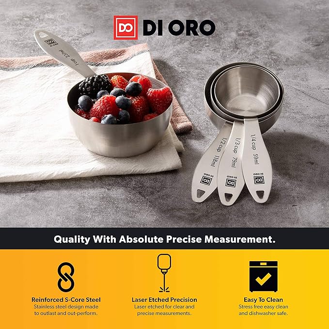 New DI ORO 4-Piece 18/8 Stainless Steel Measuring Cup Set - Easy-to-Read Measurements - For Dry and Liquid Ingredients - Great Kitchen Tools for Cooking and Baking - Dishwasher Safe and Easy to Clean