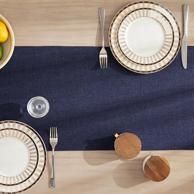 ZeeMart Burlap Style Farmhouse Table Runners 36 Inches Long, Navy Rustic Woven Dining Table Runner for Everyday Use, 14x36 Inches, Navy