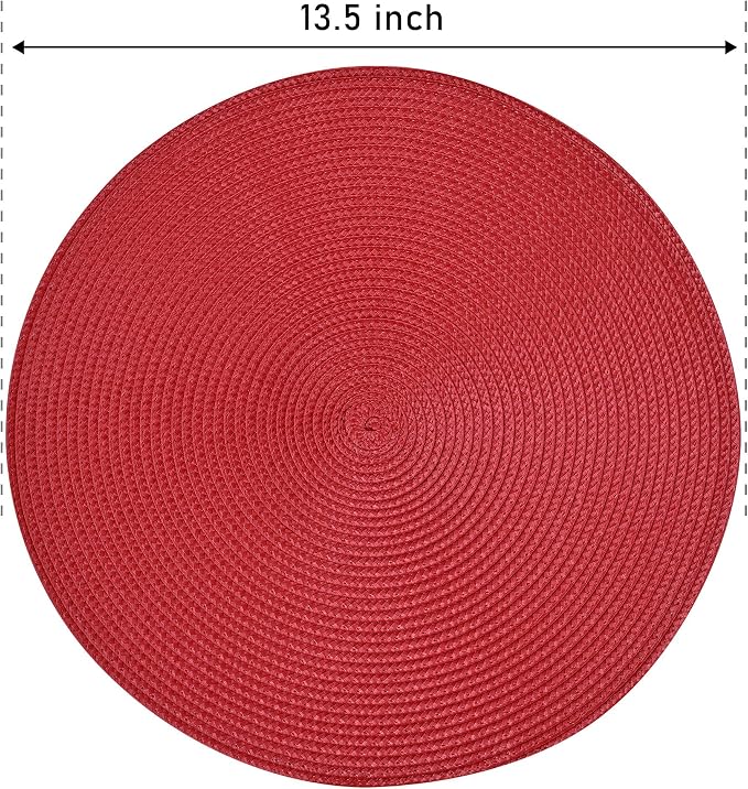 Feuille Round Braided Placemats Set of 6 Place Mats for Dining Table Woven Washable Non-Slip Table Mats 13.5 Inch (Red, 6pcs)