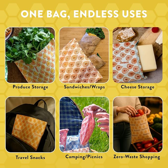 BeeBAGZ - Beeswax Wrap Storage Bag - 1 Pack - Plastic and Silicone Free - Reusable Beeswax Food Wrap Bag (1 Large, 11” x 14” (Orange)