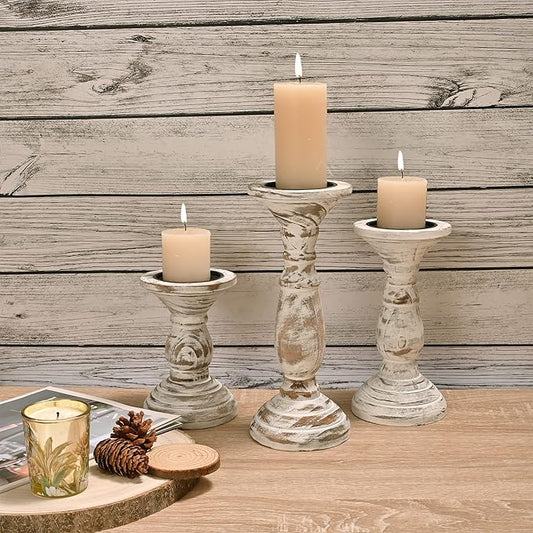 Yorkmills Pillar Candle Holder Set of 3, Farmhouse Decor Living Room Tall Candle Holders for Pillar Candles, Wood Candle Holders for Table Centerpieces White Home Decor Kitchen Dining Room Table Decor