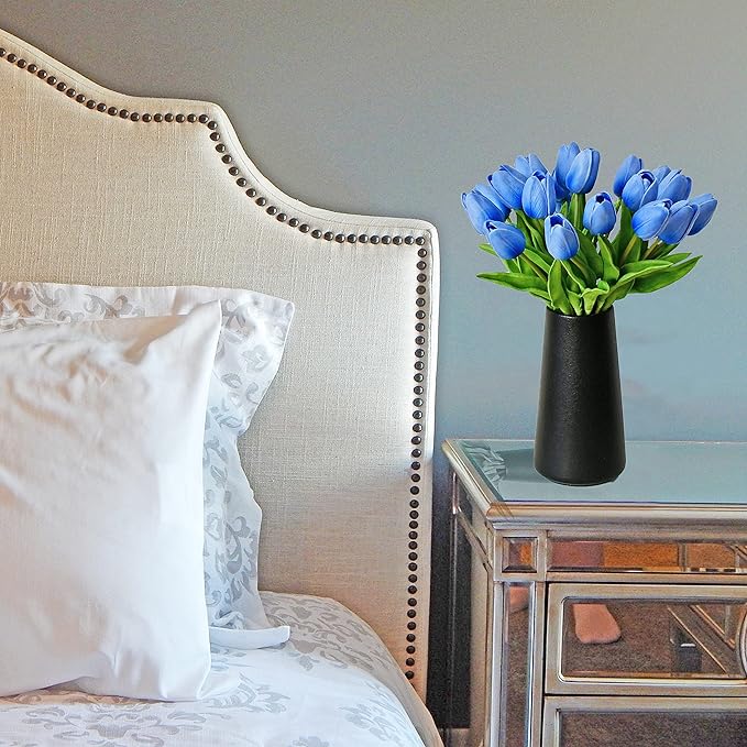 Mandy's Light Blue Artificial Tulips Flowers Centerpiece, 13.5" Lifelike PU Fake Floral Stems 20pcs for Kitchen Island & Dining Table, Spring Decor for Easter