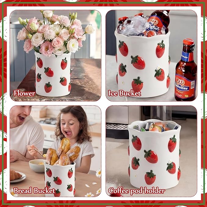 LemonRoad Strawberry Utensil Holder for Kitchen Counter,Ceramic Cooking Utensil Crock Modern Farmhouse Countertop Organizer for Spatula Ladle Kitchen Counter Decor