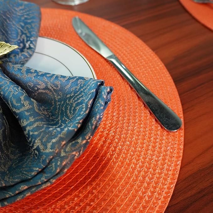 Round Braided Placemats Set of 4 Washable Easy to Clean Place Mats for Dining Tables Woven Non-Slip Heat Resistant Table Mats 15 Inch (Orange)