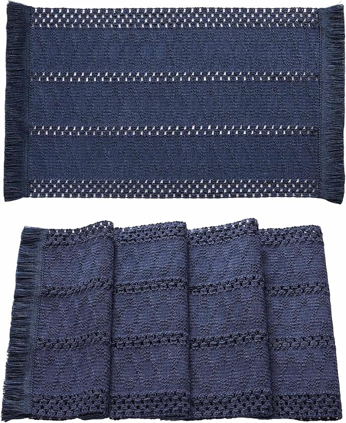 ZeeMart Macrame Style Boho Placemats Set of 4, Navy Blue 12x20 Inch | Decorative Farmhouse Table Mats, Natural Cotton Woven Place Mats, Bohemian Home Decor for Kitchen Dining Table