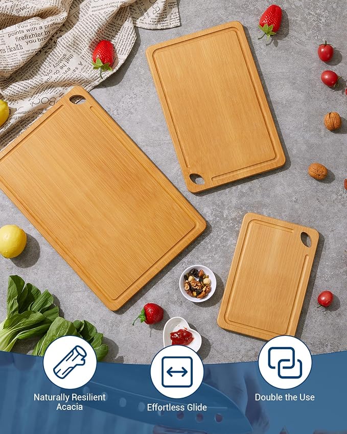 Garvee Bamboo Cutting Board Set of 3 - cutting board set with Handle, Bamboo Cutting Boards for Kitchen, Heavy Duty chopping board with deep juicy groove 15x10, 12x8, 9x6 inch