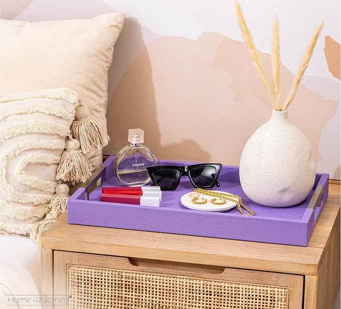 Modern Elegant 17.5"x12" Rectangle Purple Lavender Shagreen Faux Leather Decorative Tray Ottoman Coffee Table Perfume Living Room Kitchen Serving Tray with Silver Metal Handles by Home Redefined