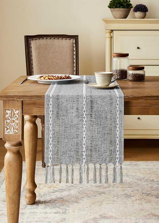 Hemstitched Farmhouse Table Runner, Charcoal 13x108 Inch, Cotton Linen Table Runners 108 Inches Long, Embroidered Striped Grey Boho Table Runner Rustic Home Decor