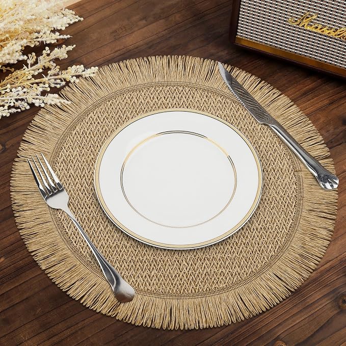 fanquare Boho Round Paper Placemats 15'' Set of 6, Rustic Woven Fade-Safe Tablemats,Braided Placemats for Home, Cafe or Events, Brown