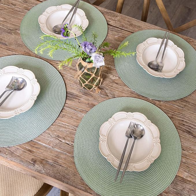 FunWheat Round Braided Placemats Set of 6 Place Mats for Dining Tables Woven Washable Non-Slip Table mats 15 inch(Fog Green, 6pcs)