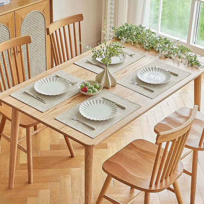 Softalker Faux Linen Placemats Set of 8-12 x 18 Inch, Heat Resistant Double Layered Durable Burlap Farmhouse Place Mats, Non-Slip Washable Rustic Table Mats for Dining, Kitchen, Party（Beige