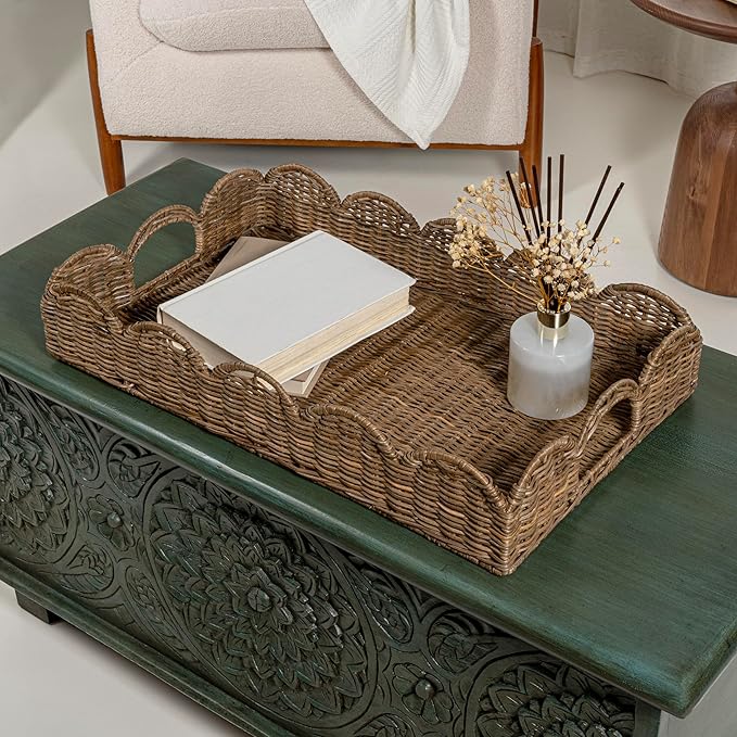 happimess TRY1000A Scalloped 21.5" Southwestern Cottage Hand-Woven Rattan Tray with Handles for Storage,Decoration, Display, Coffee Table or Serving Food, Natural