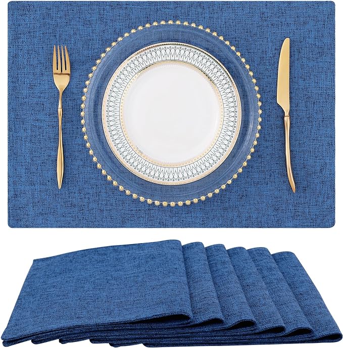 homing Faux Cotton Linen Placemats Set of 6, Cloth Washable Farmhouse Dining Table Mats for Indoors & Outdoors, Easy to Clean, Navy Blue, 13 x 19 Inch