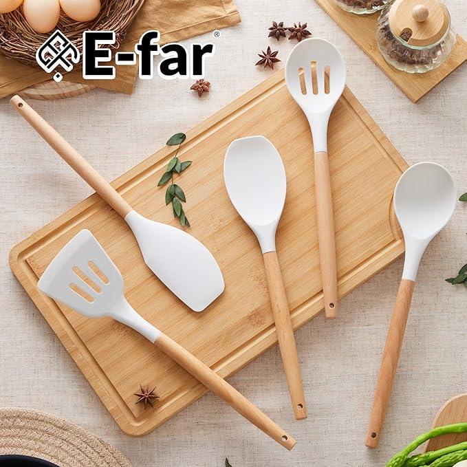 E-far Silicone Cooking Utensils Set, 446℉ Heat Resistant 10PCS Kitchen Utensils Set with Wooden Handle for Nonstick Cookware, Kitchen Tools Spatula Whisk Tongs Ladle, Non-toxic & Healthy, White