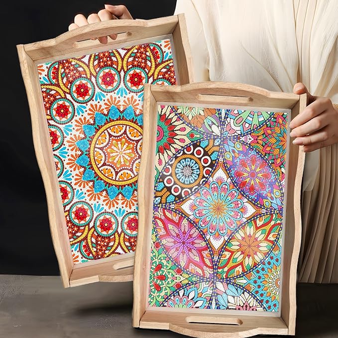 Generic DIY Diamond Serving Tray Rectangular Upgrade Increase Breakfast Tray with Handles Handmade Diamond Art Painting Wooden Tray Dinner Plate for Coffee Living Room Home Organizer-Mandala02