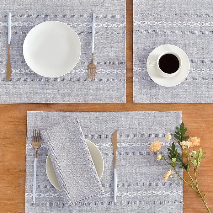 Wracra Cotton Linen Placemats, 12 x 18 Inch Set of 4 Fete Placemats Rustic Hemstitch Place Mats for Kitchen Table and Heat Resistant-Grey