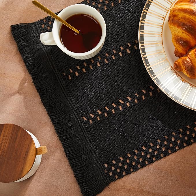 ZeeMart Macrame Style Boho Placemats Set of 4, Black 12x20 Inch | Decorative Farmhouse Table Mats, Natural Cotton Woven Place Mats, Bohemian Home Decor for Kitchen Dining Table