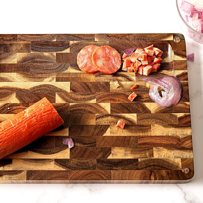 End Grain Butcher Block 15"x11", Premium Acacia Wood Cutting Board with Juice Groove, TJ POP Medium Chopping Board for Kitchen, 1.2" Thick