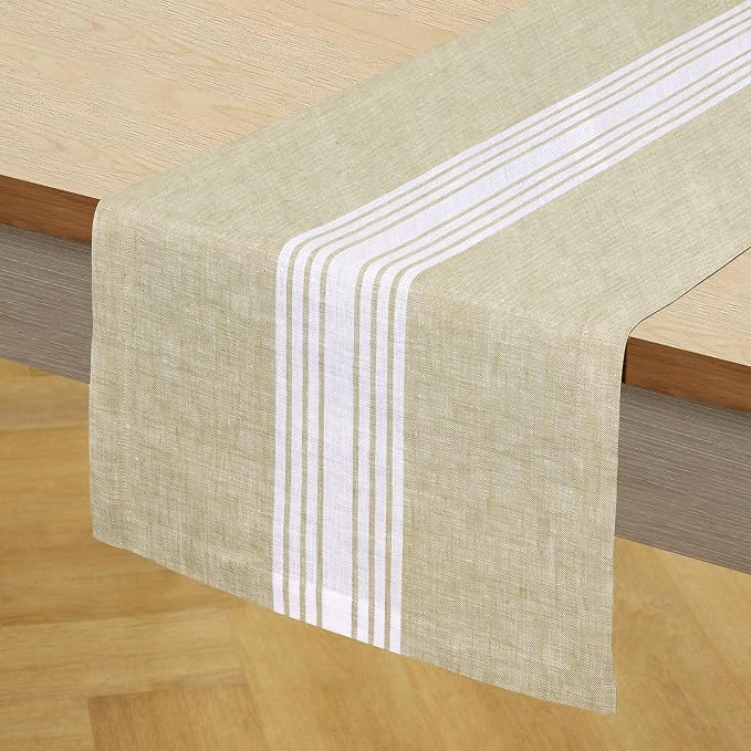 Solino Home Stripe Linen Table Runner 72 Inches Long - 100% Pure Linen White and Pale Khaki Farmhouse Table Runner 14 x 72 Inch for Dining, Dresser, Summer