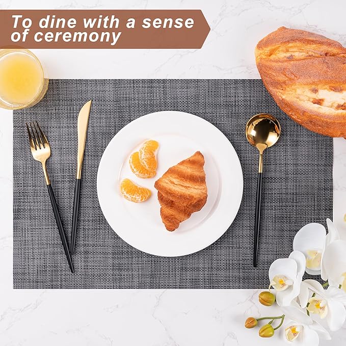 Placemats Set of 6 Washable Indoor/Outdoor Vinyl Place Mats for Dining Table Durable Non-Slip Heat Resistant PVC Weave Table Mats(Black)