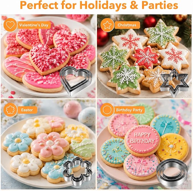 Cookie Cutters Set 12 PCS - Stainless Steel Shapes | Heart, Star, Flower, Round, Multi-Use for Baking, Cookies, Fruits, Holiday Decor, Dishwasher Safe, Professional Quality