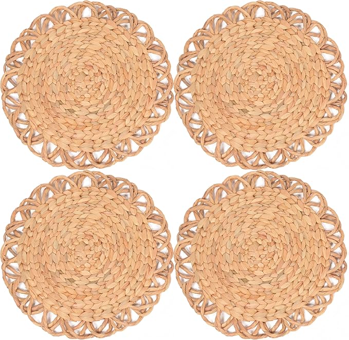 Round Woven Placemats Set of 4, Water Hyacinth Round Placemats, Plate Chargers for Dinner Plates, Individuales para Mesa De Comedor, Thanksgiving Christmas Rattan Charger Plates 13.4 in
