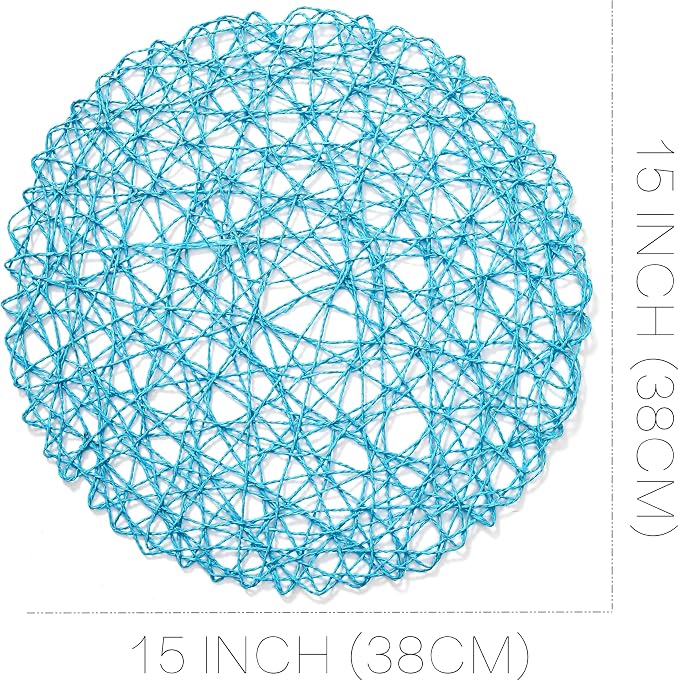IcosaMro Sky Blue Round Placemats Set of 6 for Dining Table, 15 Inch Paper Woven Boho Decorative Circle Place Mat for Wedding Christmas Thanksgiving Day Holiday Dinner, 15 Inch, Sky Blue