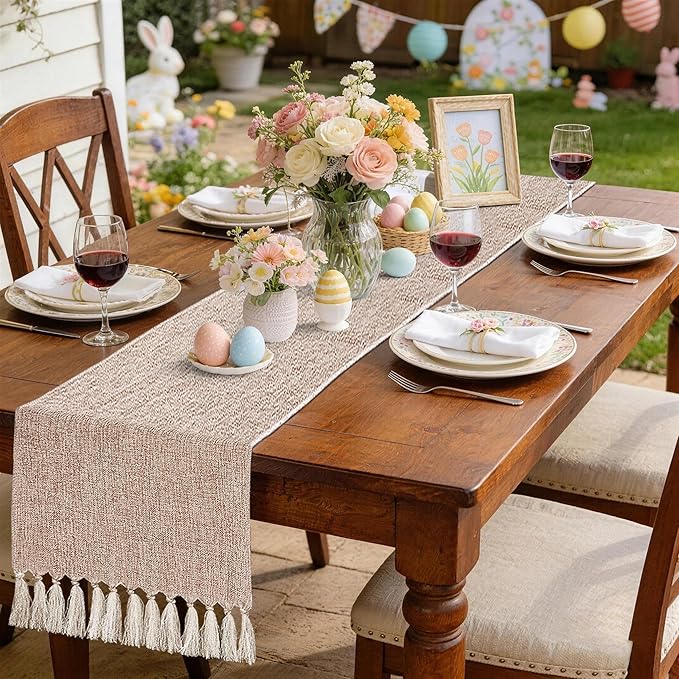 yuboo Boho Table Runner 48 Inches - Neutral Coffee Table Runner for Living Room, Spring Mother‘s Day Decor, Small Round Dining Table, Dresser Scarves (55" with Tassels)