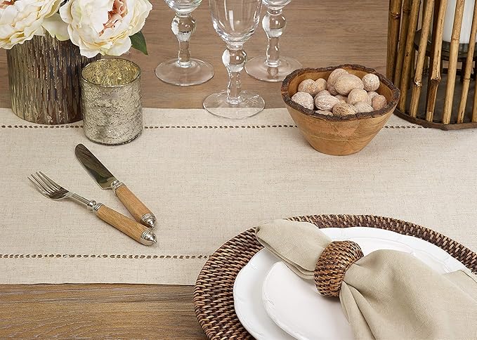 Saro Lifestyle Poly and Linen Blend Hemstitched Table Runner with Hemstitch Border, 16"x72", Natural