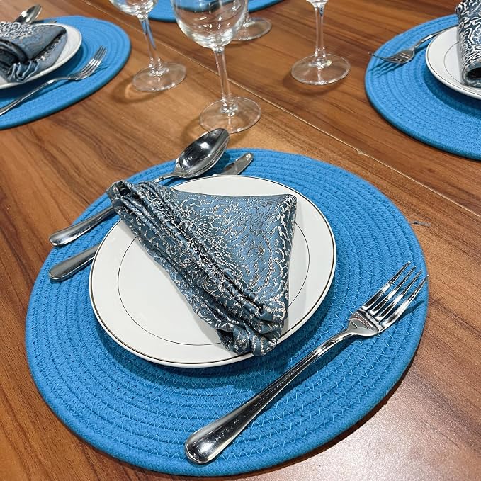 WAZAIGUR Round Placemats Washable Thick Cotton Absorbent 13 inch Round Table Mats for Kitchen Dining Table Set of 4 Round Woven Fabric Indoor/Outdoor Place Mats (Sky Blue, 4)