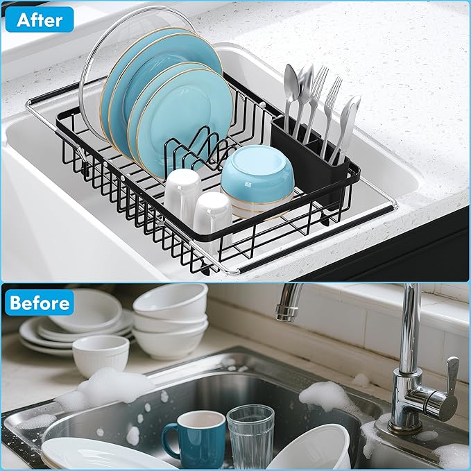 JASIWAY Expandable Stainless Steel Over The Sink Dish Drying Rack for Small Kitchen Counter Space Saving, Compact Black Plate Drainer Strainer, Adjustable Hanging Metal Dish Dryer with Utensil Holder