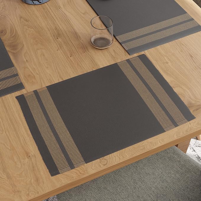 Encasa XO Dining Placemat Set of 6 | Ladder Grey Color | Fine Ribbed Cotton Table mat | Size 18x13 in | Machine Washable