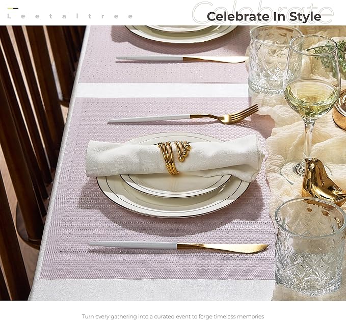 Leetaltree Sparkling Pale Lavender Sequin Woven Vinyl Placemats, Set of 8 - Waterproof & Washable Dining Table Mats for Wedding, Anniversary, Daily Use, Hand-Cut