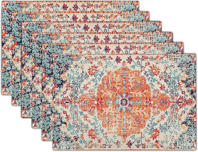 Ethnic Boho Placemats Set of 6 Southwest Orange Blue Teal Carpet Woven Texture Linen Washable Kitchen Dining Table Mats Stain Heat-Resistant Desktop Decor Place Mats for Home Party Indoor 12x18 inch