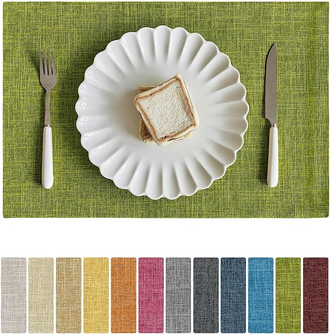Softalker Faux Linen Placemats Set of 12-12 x 18 Inch, Heat Resistant Double Layered Durable Burlap Farmhouse Place Mats, Non-Slip Washable Rustic Table Mats for Dining, Kitchen, Party（Lime Green