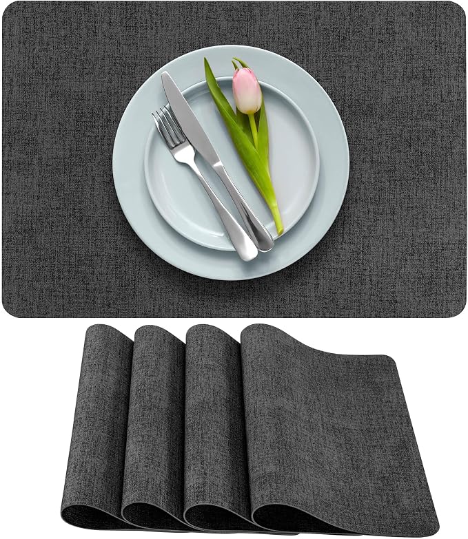 More Décor Faux Leather Placemats Set of 4 for Dining Table – Waterproof, Wipeable, Washable, Stain & Heat Resistant, Non-Slip Table Mats – 12 X 17 Inch, Dark Grey