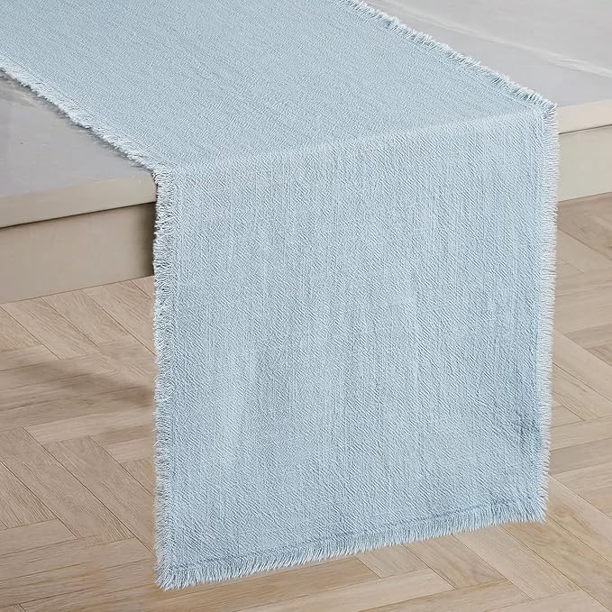 KINGSTONE 14 x 108 Inches Frayed Edge Table Runner, 270G Heavyweight Sand Washed Slub Texture Cotton Linen for Modern Farmhouse, Rustic Home Decorations Dining Room Wedding Boho Decor, Light Blue