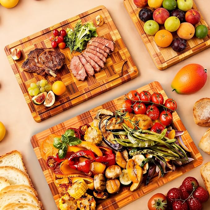 Cutting Board,Heavy Duty Cutting Board Set of 3 with Stand,End Grain Butcher Block Cutting Boards for Kitchen with Juice Grooves and Handles for Meat, Cheese, Charcuterie and Serving