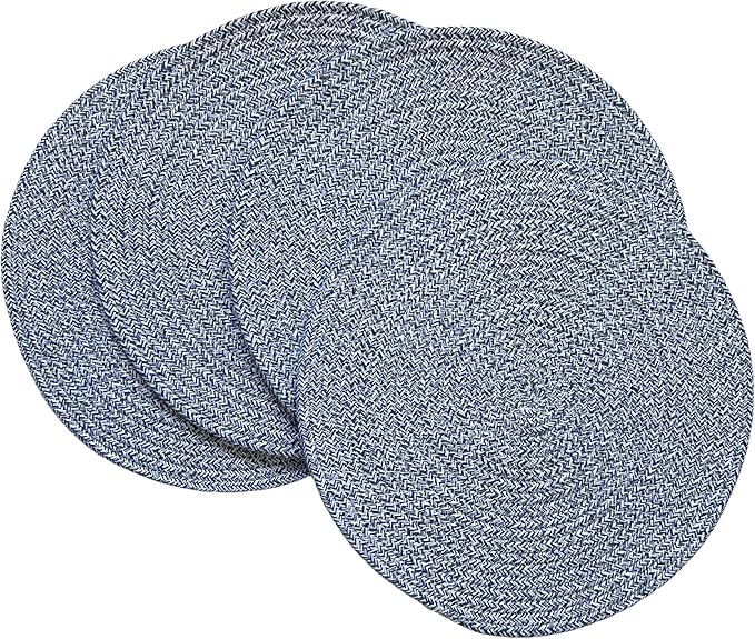 WAZAIGUR Round Placemats Washable Thick Cotton Absorbent 13 inch Round Table Mats for Kitchen Dining Table Set of 4 Round Woven Fabric Indoor/Outdoor Place Mats (Blue and White, 4)