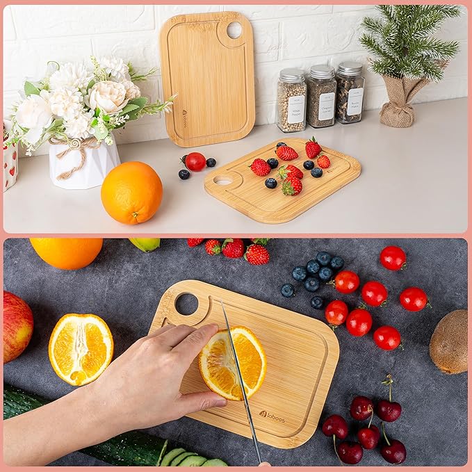 Mini Bamboo Cutting Board Set of 2 - Small Wooden Chopping Boards with Juice Groove, Lightweight & Compact for Baby Food, Dorm, Travel, Camping - 8.5”x6” Easy-to-Store Kitchen Essentials