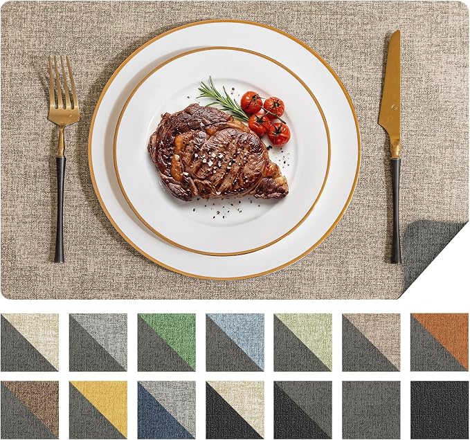 Romanstile Vinyl Placemats Set of 6, Reversible Faux Leather Heat Resistant Wipeable Table Mats, Waterproof Washable Non-Slip Table Placemats for Dining/Kitchen/Party/Outdoor (Grey Khaki, 12" x 17")