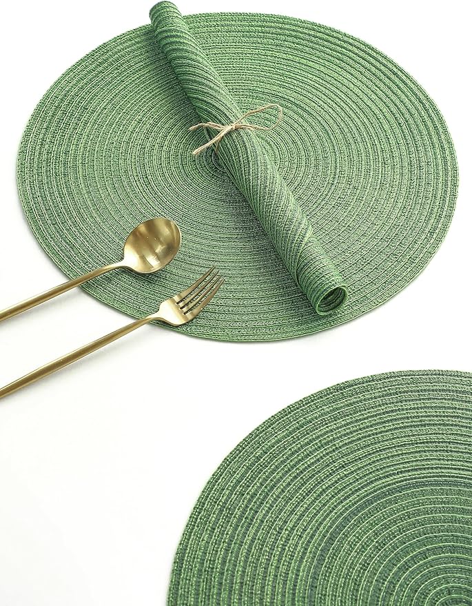 Floroom 15 Inch Round Braided Placemats Set of 6, Washable Heat Resistant Cotton Polyester Circle Place Mats for Kitchen Dining Table - Forest Green