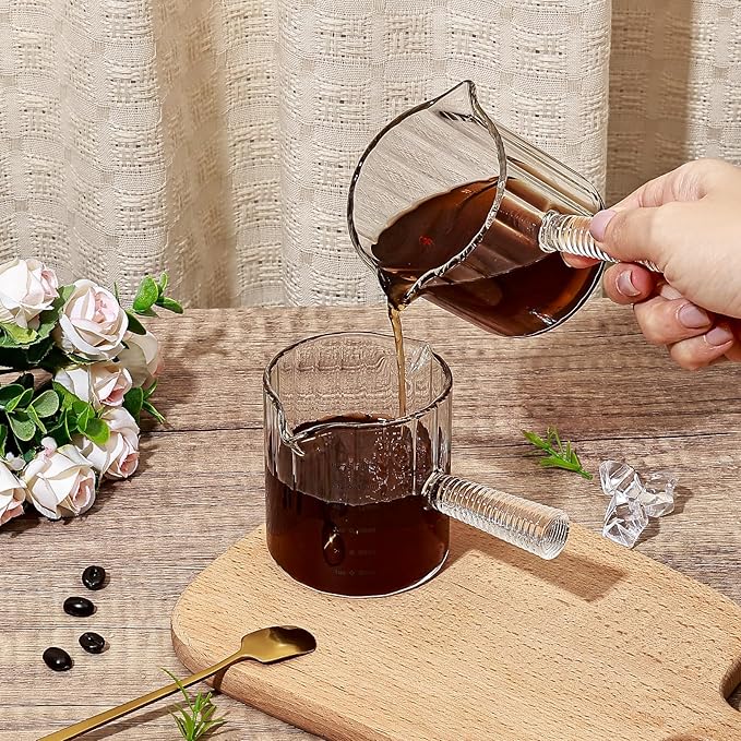 Koythin Glass Measuring Cups, Espresso Shots Cup for Latte Cappuccino, Minimalist Espresso Cups with Double V-Shaped Spout, Ribbed Coffee Bar Accessories with Glass Handle, 3 oz/180 ml (Cylindrical)