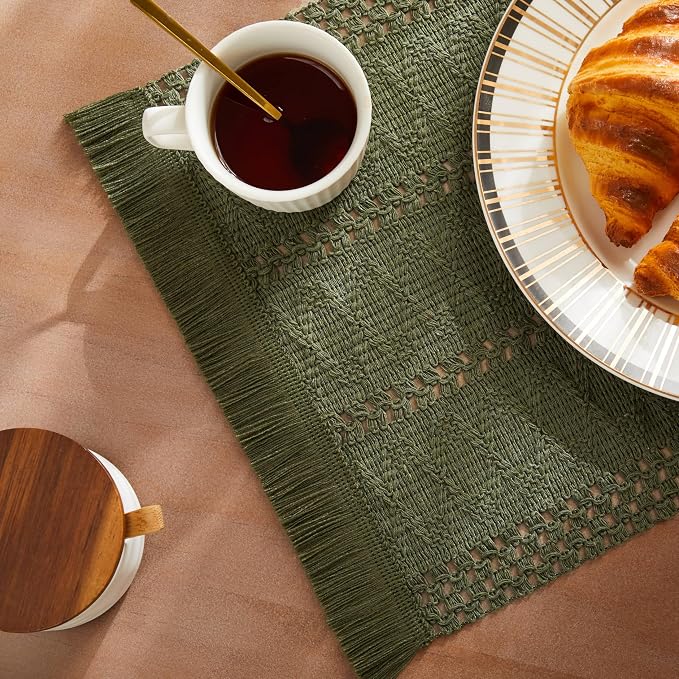 ZeeMart Macrame Style Boho Placemats Set of 4, Olive 12x20 Inch | Decorative Farmhouse Table Mats, Natural Cotton Woven Place Mats, Bohemian Home Decor for Kitchen Dining Table