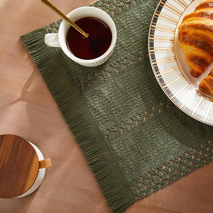 ZeeMart Macrame Style Boho Placemats Set of 6, Olive 12x20 Inch | Decorative Farmhouse Table Mats, Natural Cotton Woven Place Mats, Bohemian Home Decor for Kitchen Dining Table