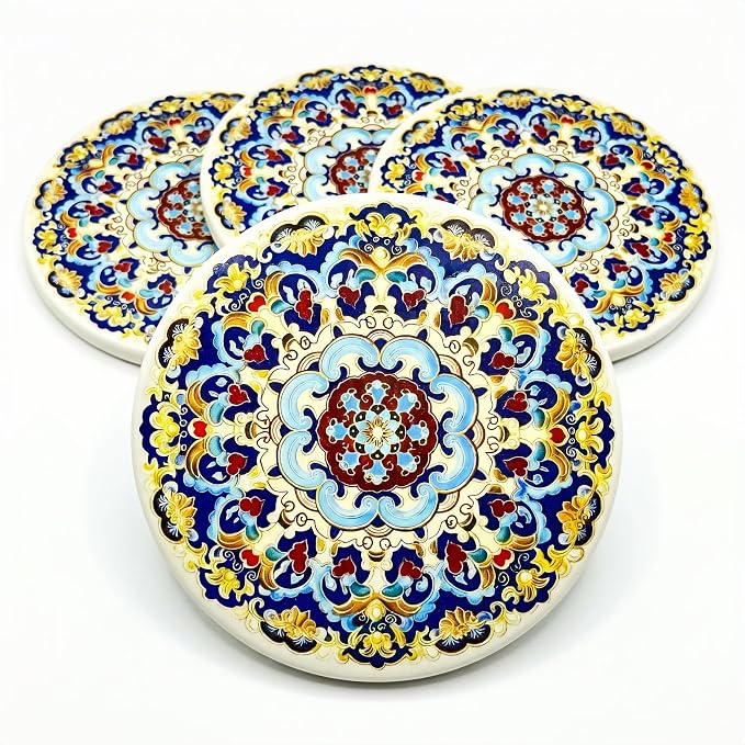 Ceramic Coasters Set of 4 with Cork Base, Absorbent Drink Coaster for Home Decors, Non-Slip Decorative Coasters for Coffee, Wine, Tea Cups, 4 Inch Round Blue Vintage Pattern