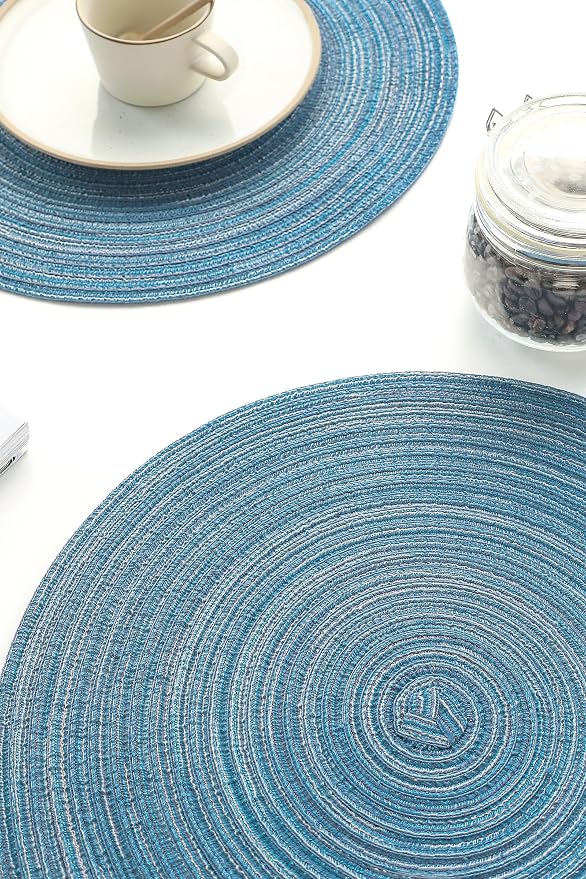 Floroom 15 Inch Round Braided Placemats Set of 4, Washable Heat Resistant Cotton Polyester Circle Place Mats for Kitchen Dining Table - Dusty Blue